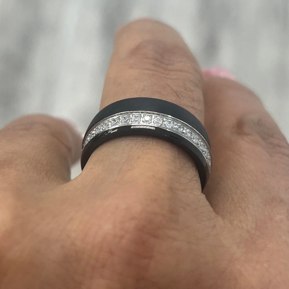 New 8mm dome clear CZ black IP plated Eternity Tungsten Wedding Band Ring
